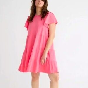 J. CREW Pink Short Sleeve Oversized Tiered Cottagecore Above Knee Dress Medium